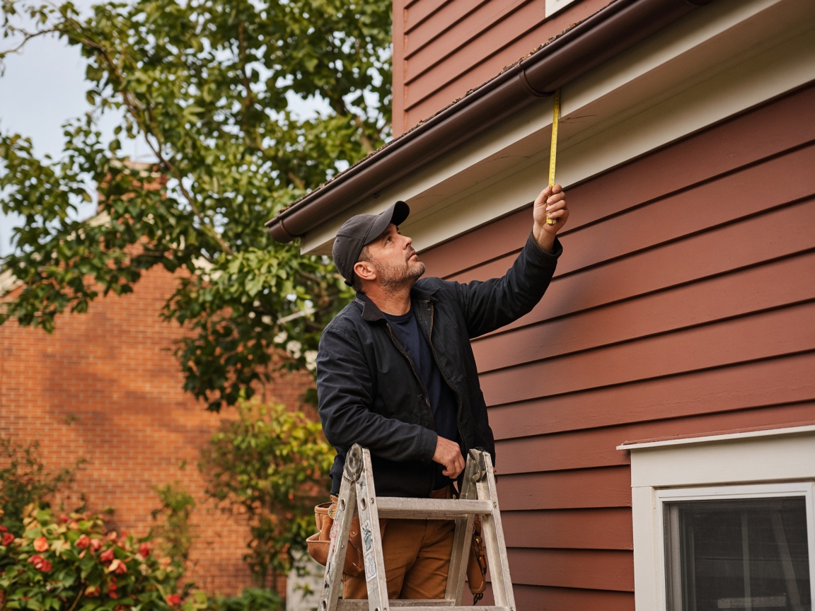 Ryan measuring a gutter run on a Tyngsboro house
